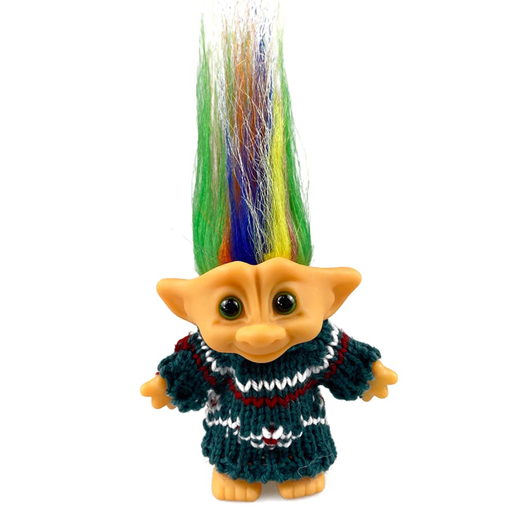 Retro Troll Doll by Yintlilocn - 7.5" Green Vintage Troll with Wool Clothes for Collections, School Projects, Party Favors