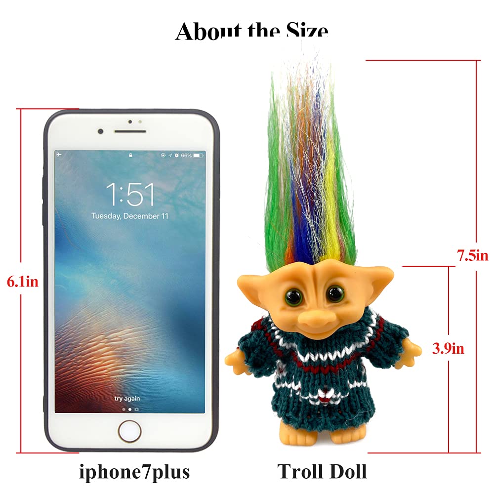 Retro Troll Doll by Yintlilocn - 7.5" Green Vintage Troll with Wool Clothes for Collections, School Projects, Party Favors