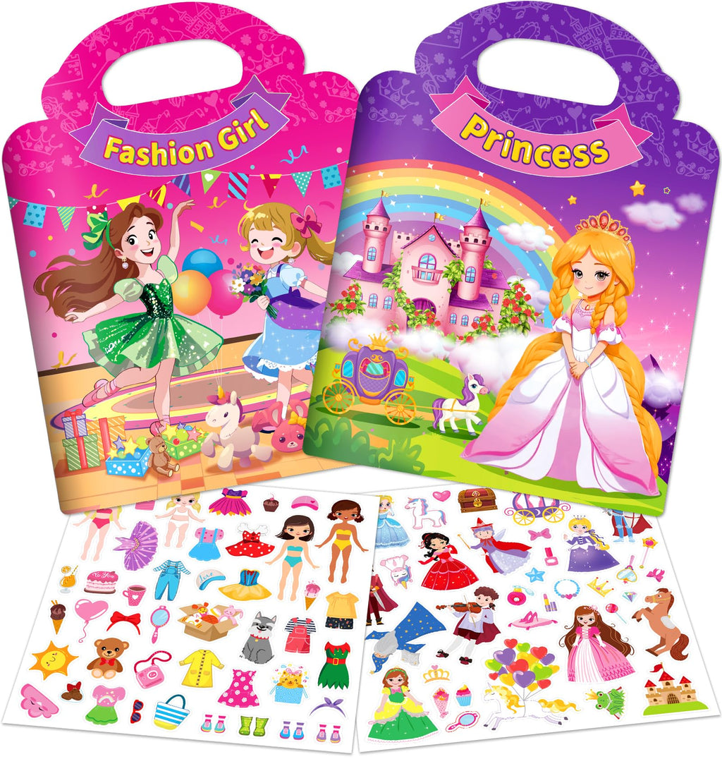 Reusable Sticker Books for Toddlers 1-3 Girls – 2 Pack Princess & Fashion Jelly Stickers Travel Toy