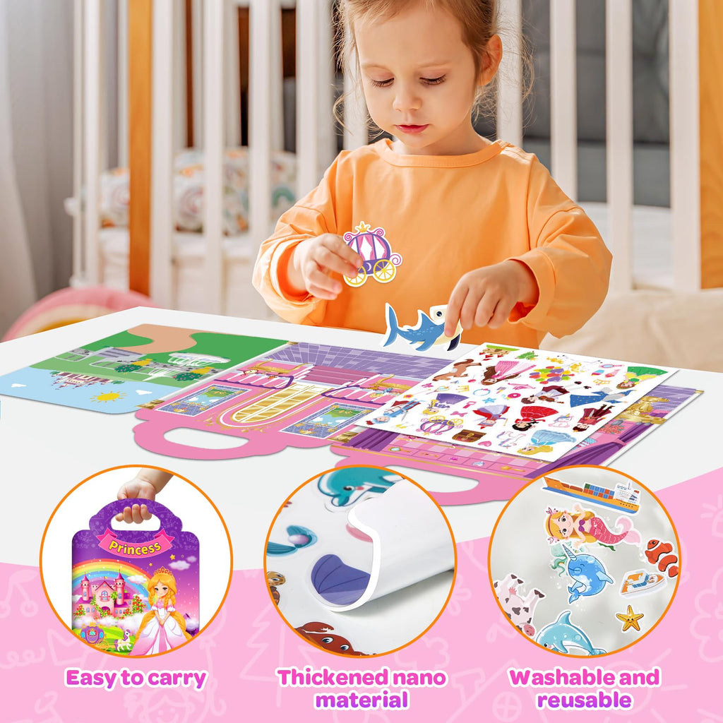 Reusable Sticker Books for Toddlers 1-3 Girls – 2 Pack Princess & Fashion Jelly Stickers Travel Toy
