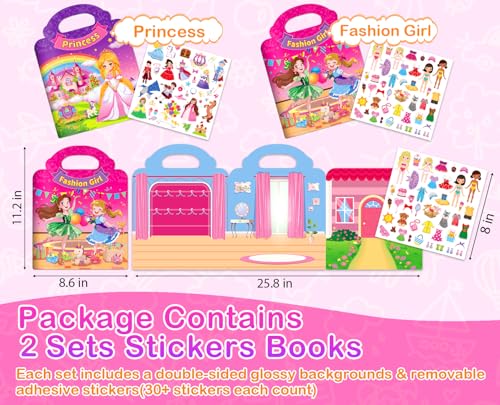 Reusable Sticker Books for Toddlers 1-3 Girls – 2 Pack Princess & Fashion Jelly Stickers Travel Toy