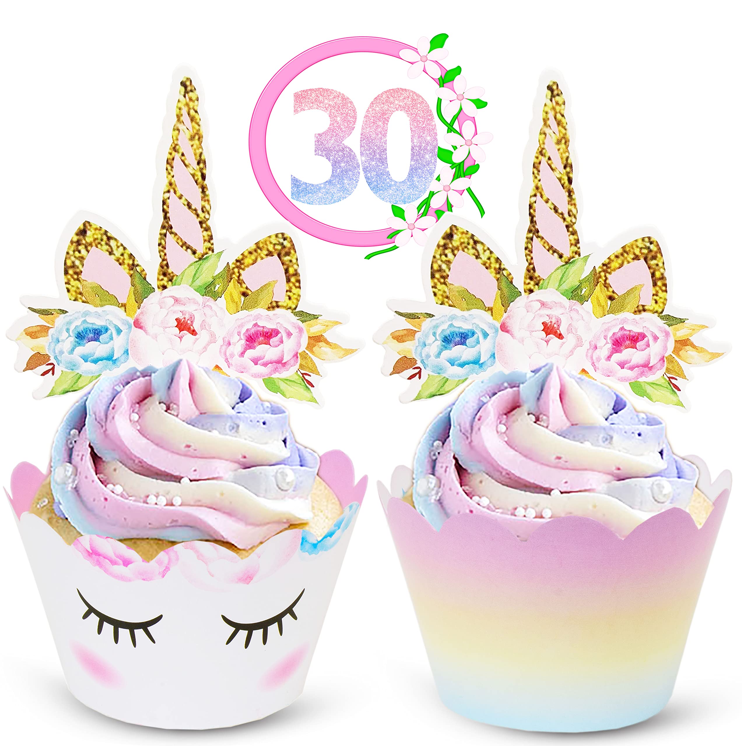 Reversible Rainbow Cupcake Liners and Unicorn Toppers Set for Birthdays – 30 of Each