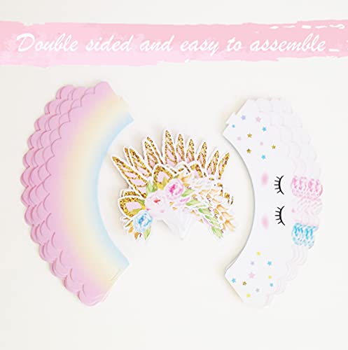 Reversible Rainbow Cupcake Liners and Unicorn Toppers Set for Birthdays – 30 of Each