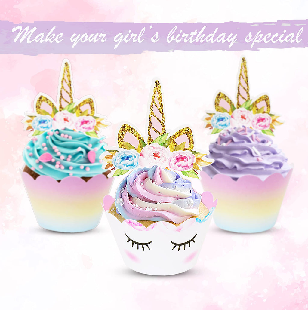 Reversible Rainbow Cupcake Liners and Unicorn Toppers Set for Birthdays – 30 of Each
