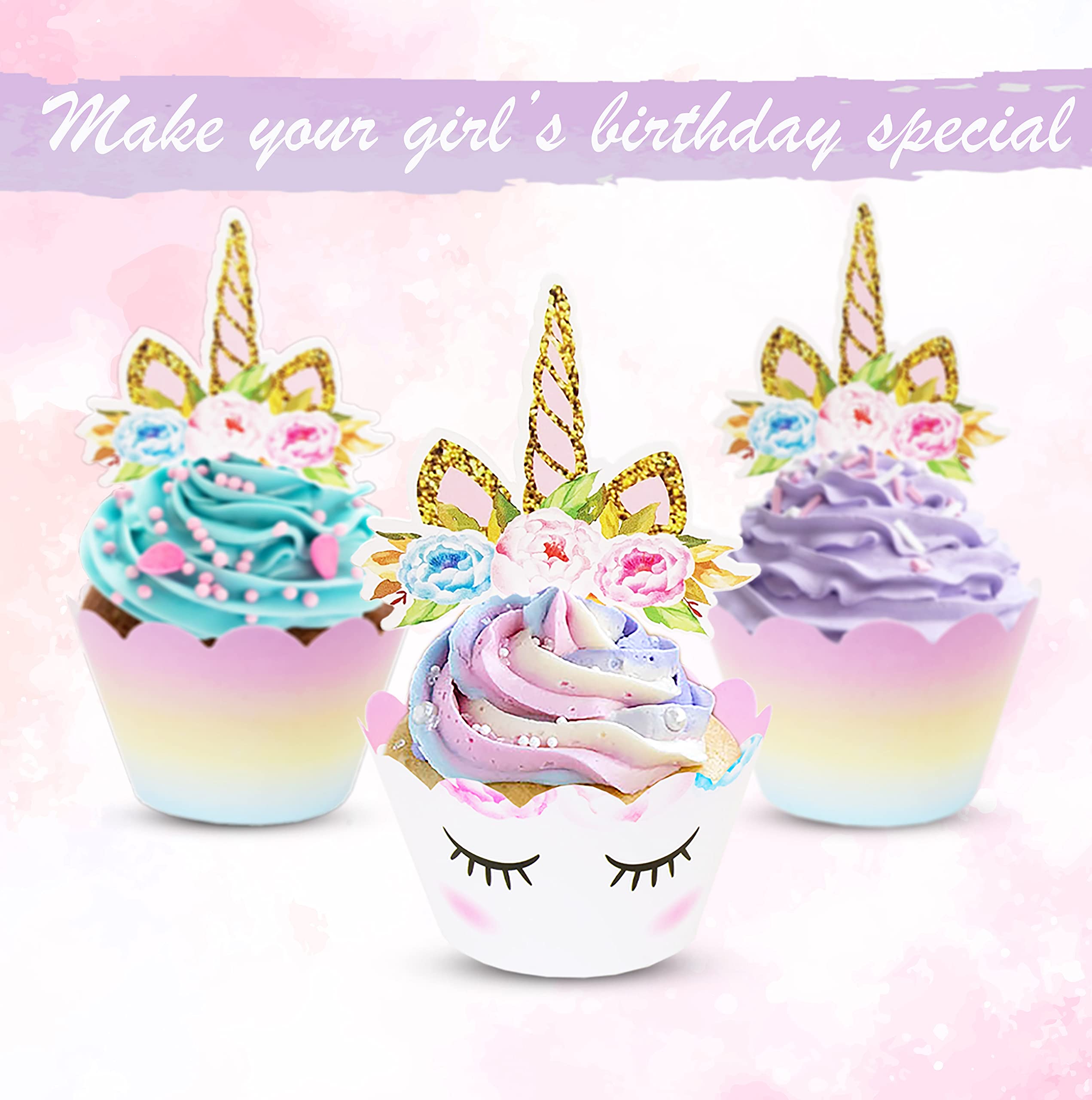 Reversible Rainbow Cupcake Liners and Unicorn Toppers Set for Birthdays – 30 of Each