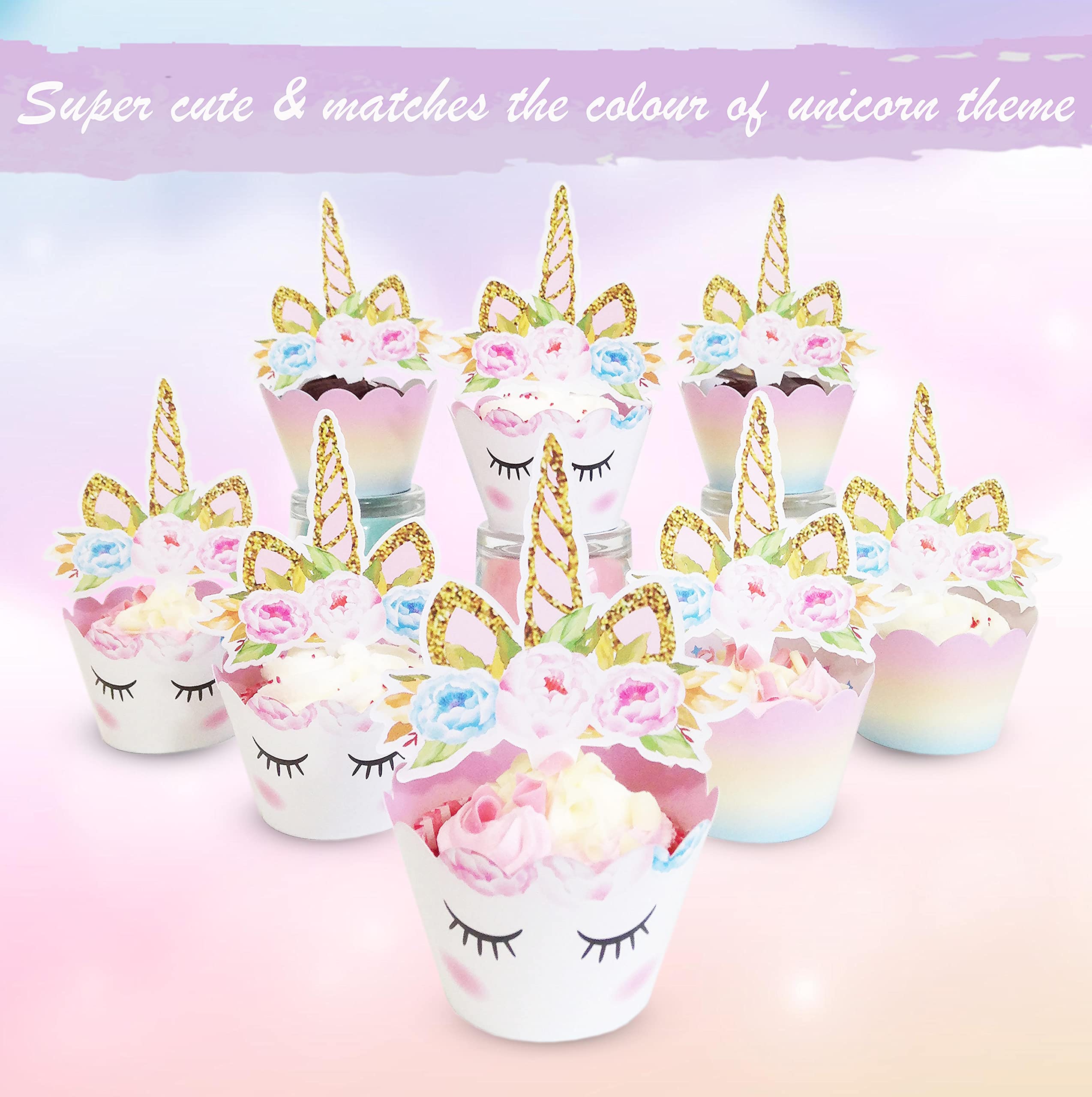 Reversible Rainbow Cupcake Liners and Unicorn Toppers Set for Birthdays – 30 of Each