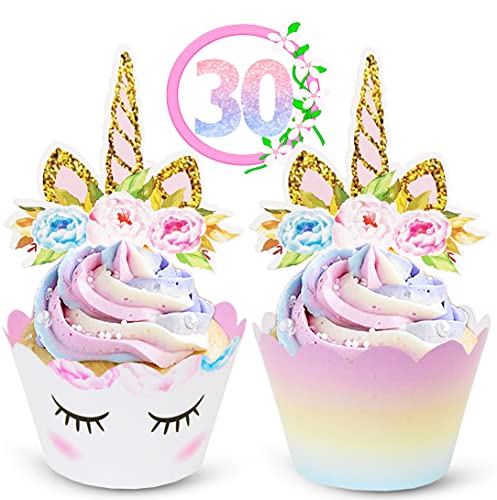 Reversible Rainbow Cupcake Liners and Unicorn Toppers Set for Birthdays – 30 of Each