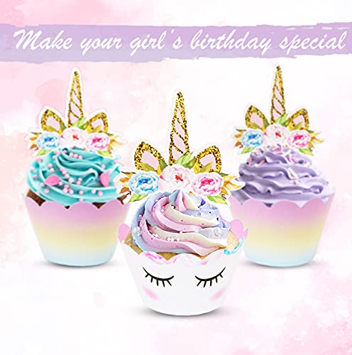 Reversible Rainbow Cupcake Liners and Unicorn Toppers Set for Birthdays – 30 of Each
