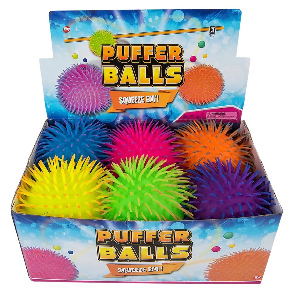 Rhode Island Novelty 9" Two-Tone Puffer Ball – Pack of 6 Fidget Sensory Toys with Stretchy Bristles