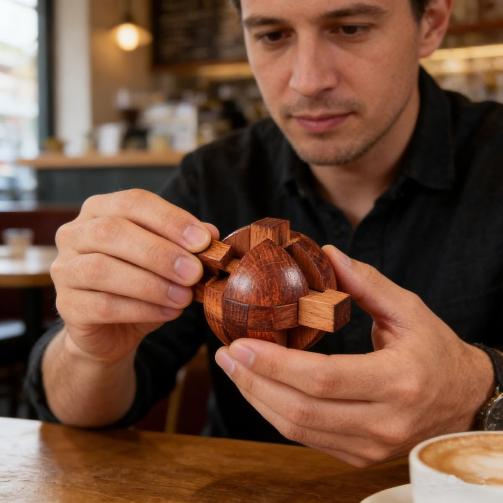 RICHOOSE Wooden Brain Teaser Puzzle Ball - 3D IQ Game for Adults, Teens, Seniors - Challenging Assembly & Disassembly Logic Toy with Stand - Stress Relief Desk Decor