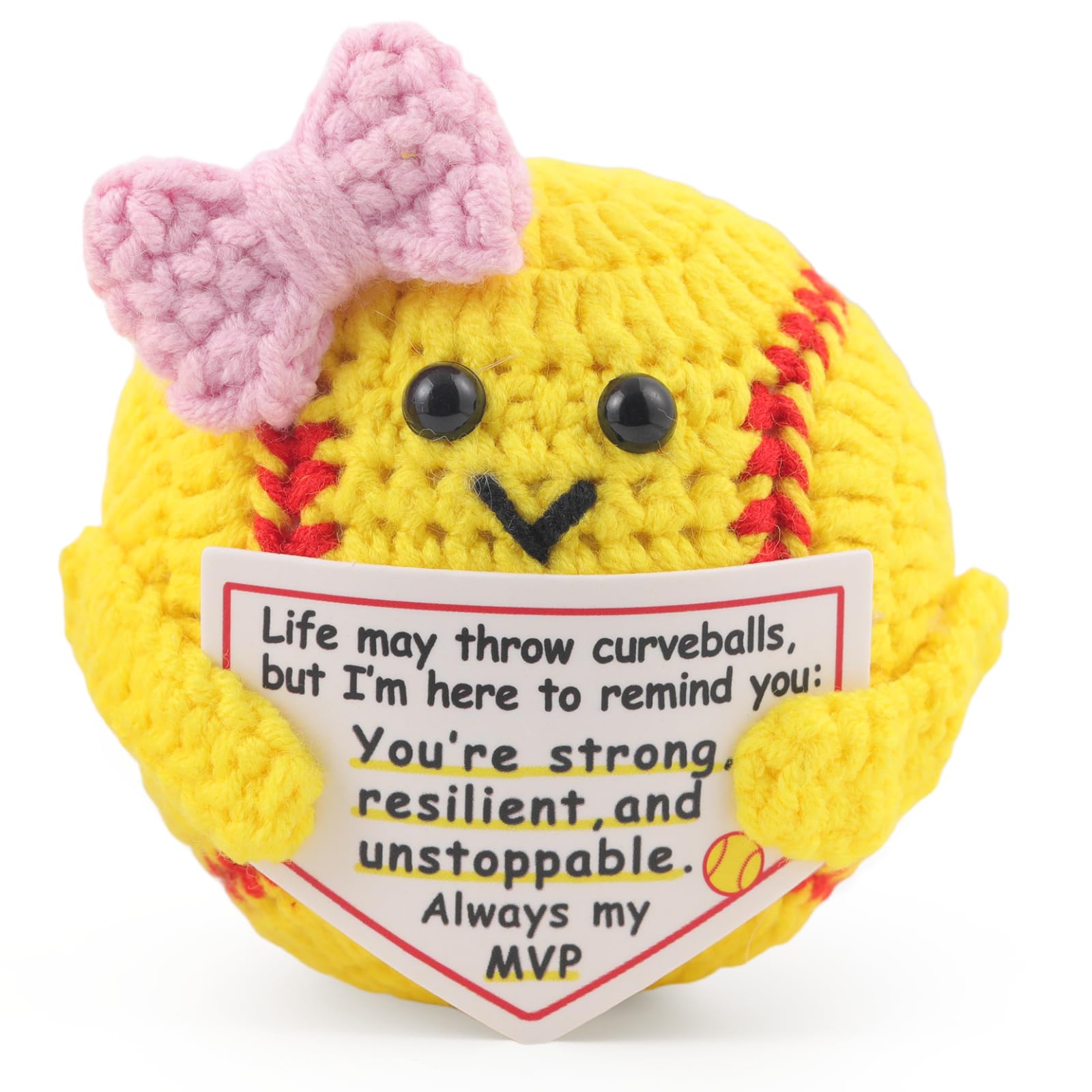 Rimvoe Hand-Crocheted Softball with Motivational Card – Bright Yellow, Pink Bow, 2.4–2.8 Inches
