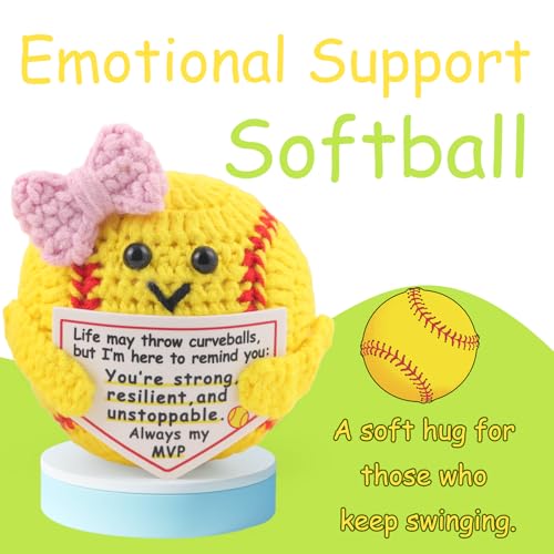 Rimvoe Hand-Crocheted Softball with Motivational Card – Bright Yellow, Pink Bow, 2.4–2.8 Inches
