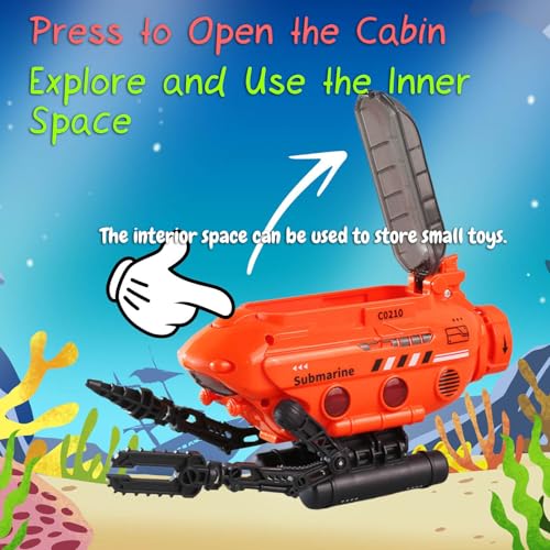 Rinnland Orange Submarine Toy with Robotic Arms, Adjustable Base & Openable Cabin for Kids
