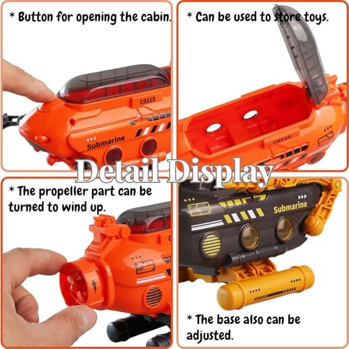 Rinnland Orange Submarine Toy with Robotic Arms, Adjustable Base & Openable Cabin for Kids
