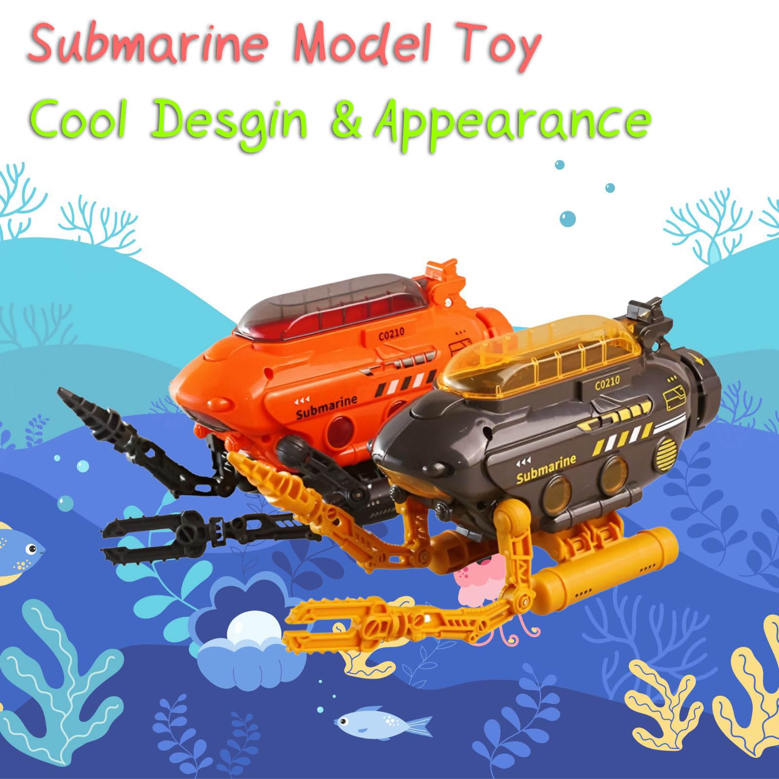 Rinnland Orange Submarine Toy with Robotic Arms, Adjustable Base & Openable Cabin for Kids