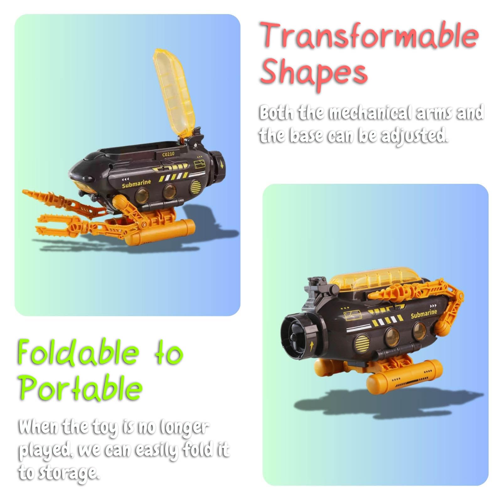 Rinnland Orange Submarine Toy with Robotic Arms, Adjustable Base & Openable Cabin for Kids