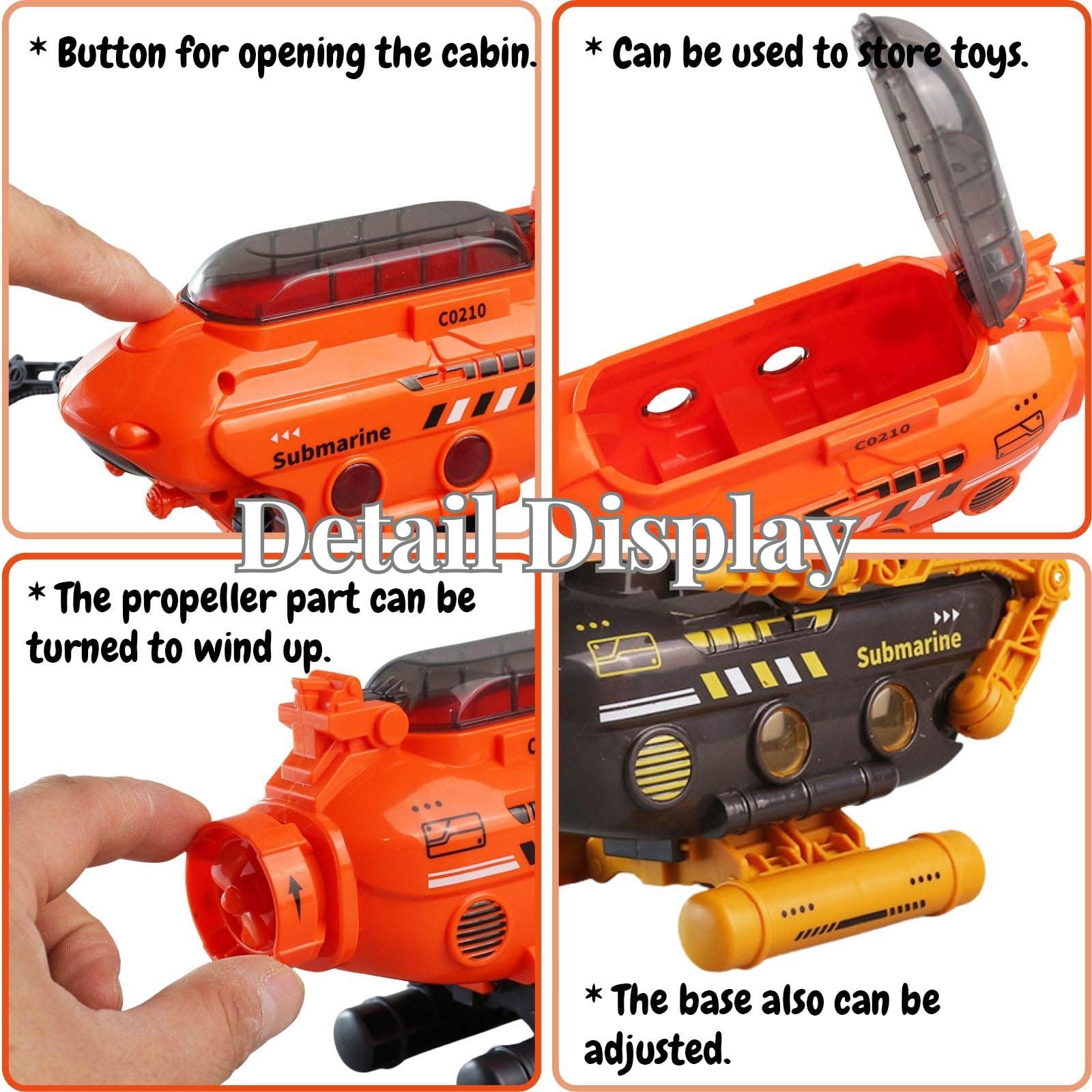 Rinnland Orange Submarine Toy with Robotic Arms, Adjustable Base & Openable Cabin for Kids