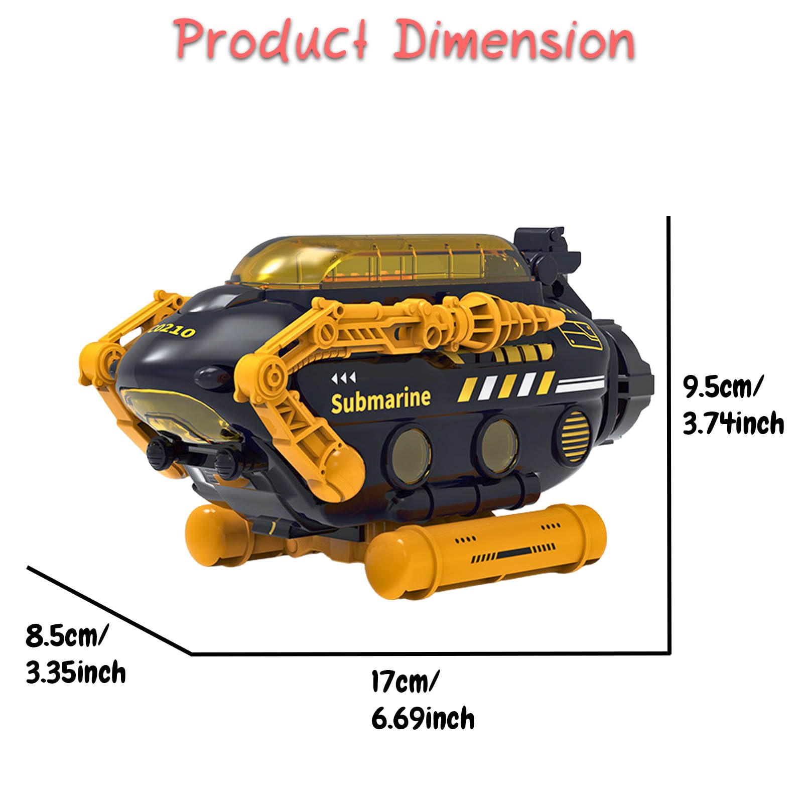 Rinnland Orange Submarine Toy with Robotic Arms, Adjustable Base & Openable Cabin for Kids