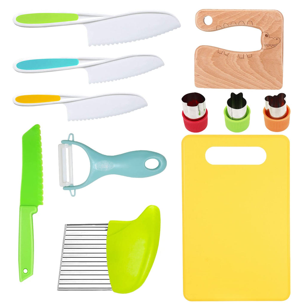 RISICULIS 11-Piece Kids Kitchen Knife Set – Wooden and Serrated Plastic Toddler Knives for Safe Learning to Cut