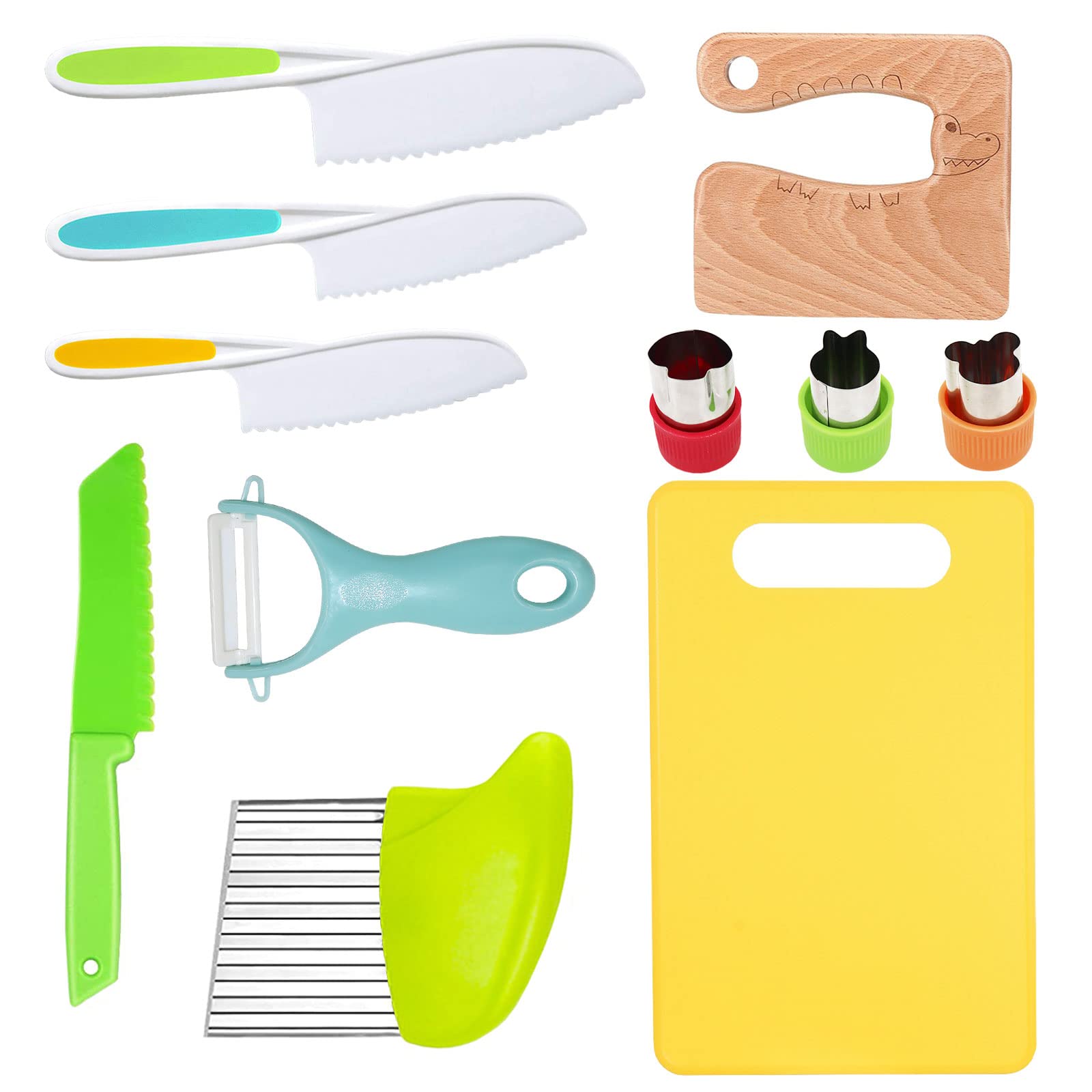 RISICULIS 11-Piece Kids Kitchen Knife Set – Wooden and Serrated Plastic Toddler Knives for Safe Learning to Cut