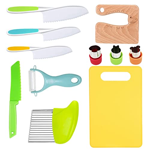 RISICULIS 11-Piece Kids Kitchen Knife Set – Wooden and Serrated Plastic Toddler Knives for Safe Learning to Cut