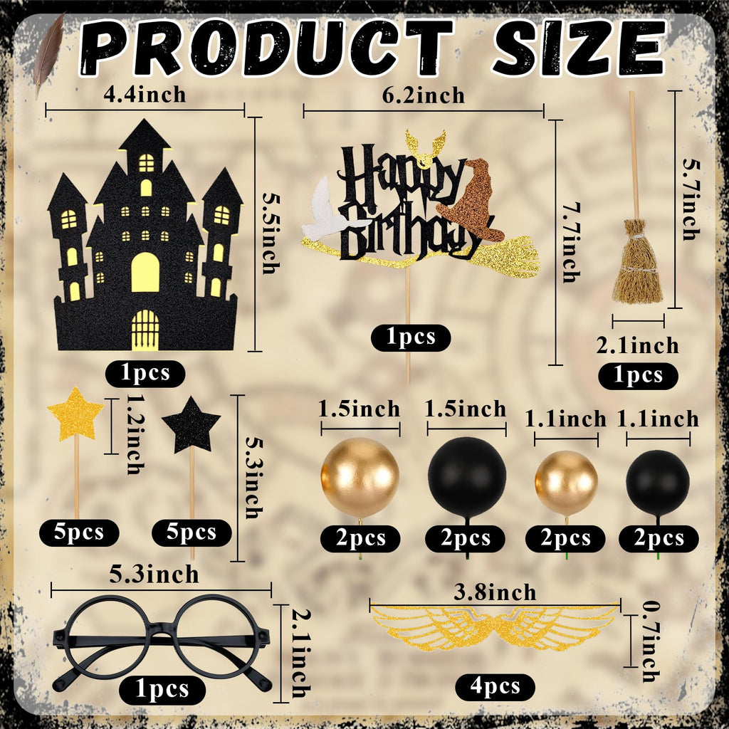 Rismise 26-Piece Wizard Cake Topper Set - Glitter Cardstock Stars, Foam Balls, Glasses, Broom & Castle for Magical Birthday Parties