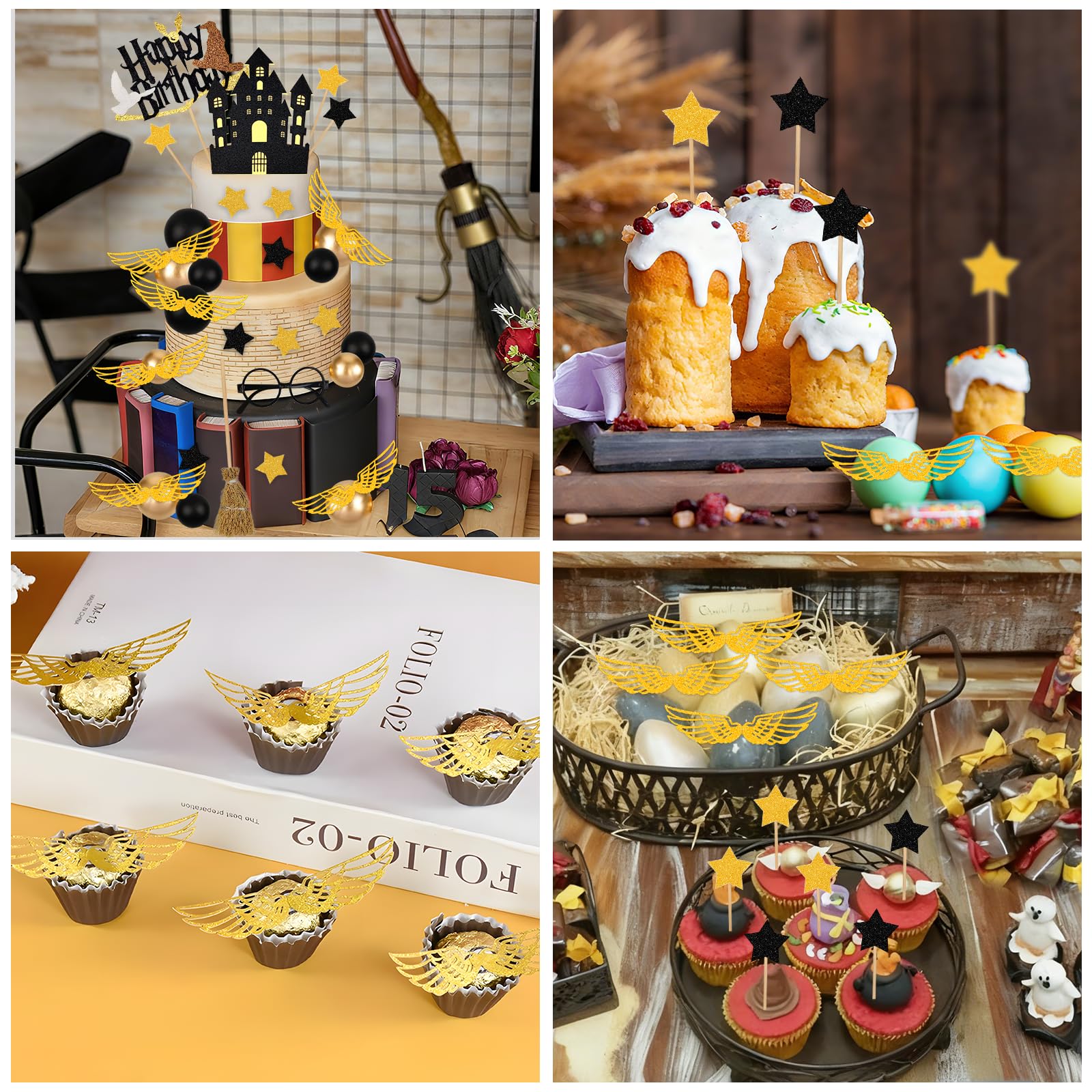 Rismise 26-Piece Wizard Cake Topper Set - Glitter Cardstock Stars, Foam Balls, Glasses, Broom & Castle for Magical Birthday Parties