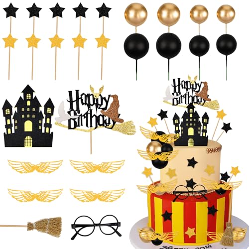 Rismise 26-Piece Wizard Cake Topper Set - Glitter Cardstock Stars, Foam Balls, Glasses, Broom & Castle for Magical Birthday Parties
