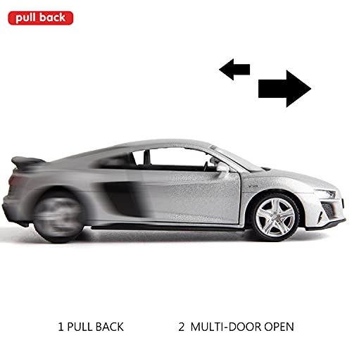 RMZ City 1:36 Scale Audi R8 Diecast Model Car – Pull-Back Toy with Opening Doors, Silver