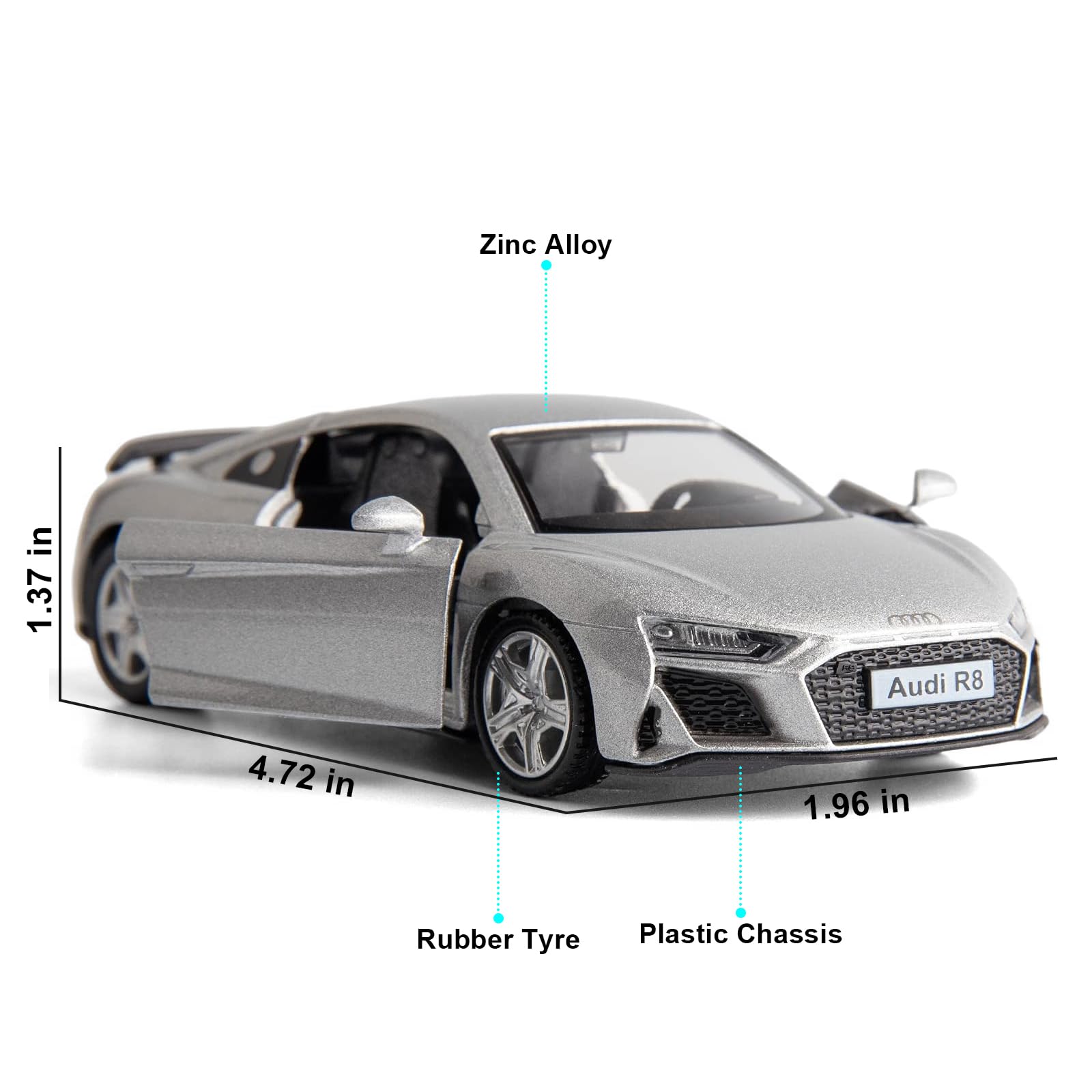 RMZ City 1:36 Scale Audi R8 Diecast Model Car – Pull-Back Toy with Opening Doors, Silver