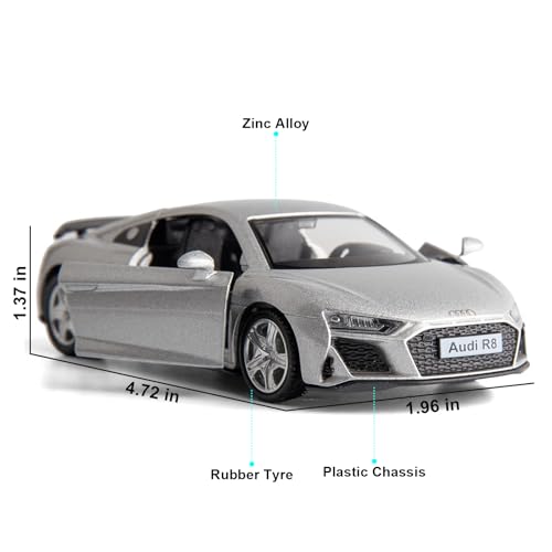 RMZ City 1:36 Scale Audi R8 Diecast Model Car – Pull-Back Toy with Opening Doors, Silver