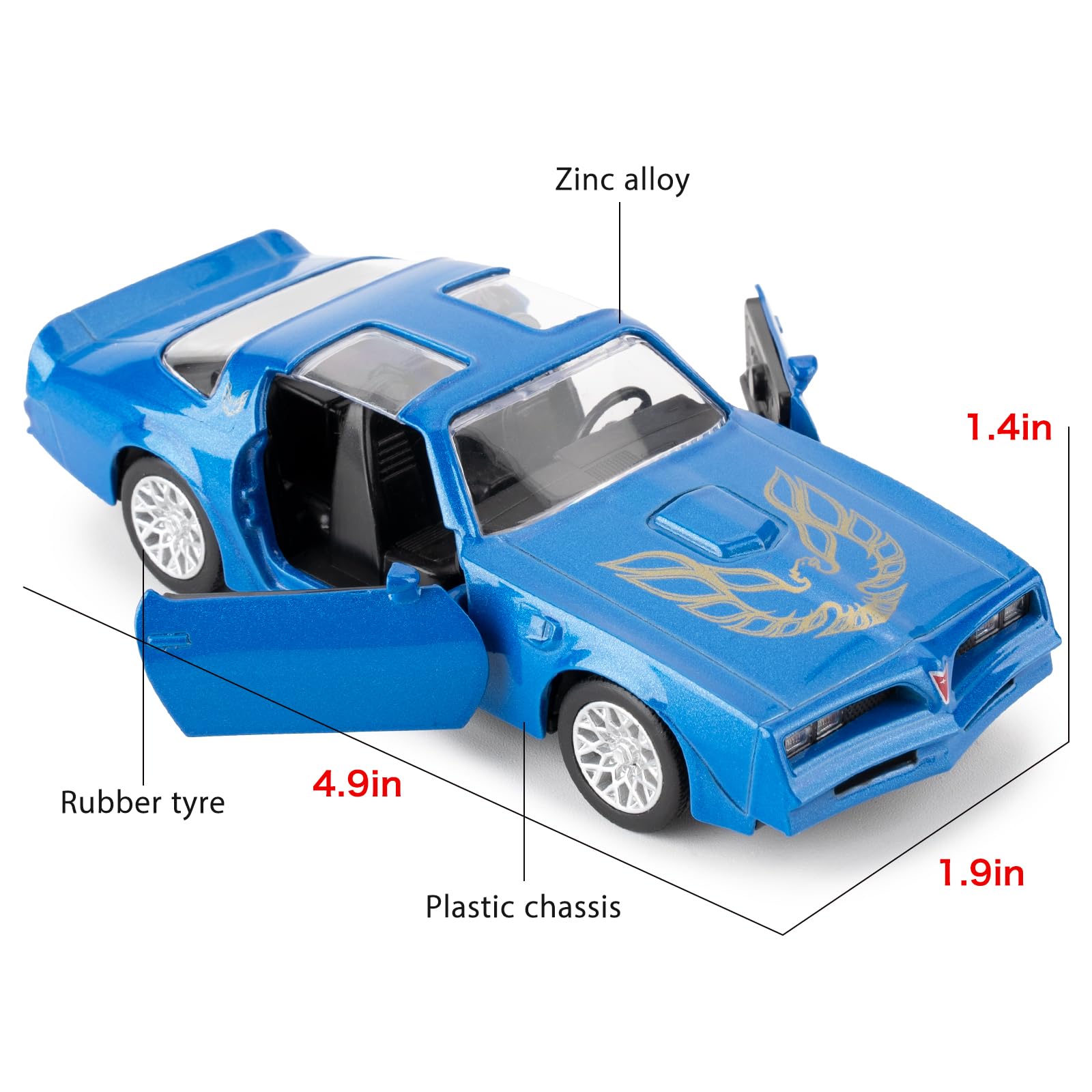 RMZ City 1:36 Scale Pontiac Firebird Trans Am Diecast Pull-Back Toy Car - Blue, Doors Open