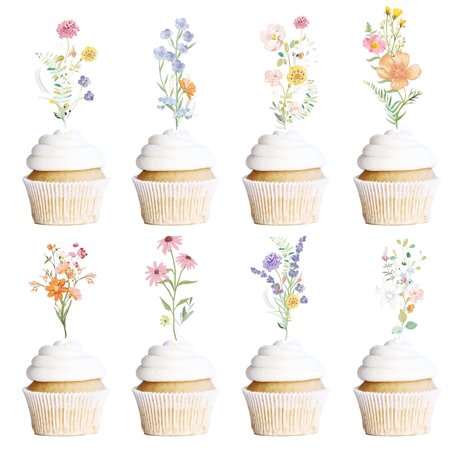 Rngmsi 40-Piece Wildflower Cupcake Toppers for Baby Shower & Birthday Parties - No-DIY Pre-Assembled Garden Floral Decorations