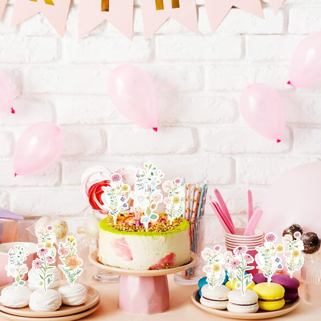 Rngmsi 40-Piece Wildflower Cupcake Toppers for Baby Shower & Birthday Parties - No-DIY Pre-Assembled Garden Floral Decorations