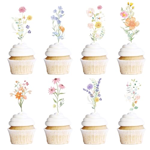 Rngmsi 40-Piece Wildflower Cupcake Toppers for Baby Shower & Birthday Parties - No-DIY Pre-Assembled Garden Floral Decorations