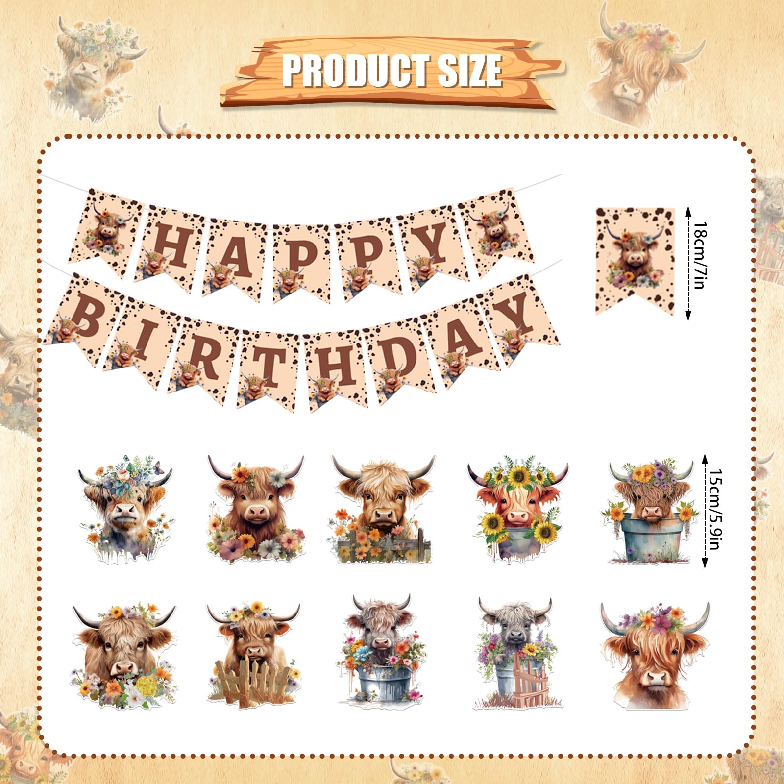 Rngmsi Highland Cow Birthday Decorations – 16-Piece Party Set with Banners and Swirls