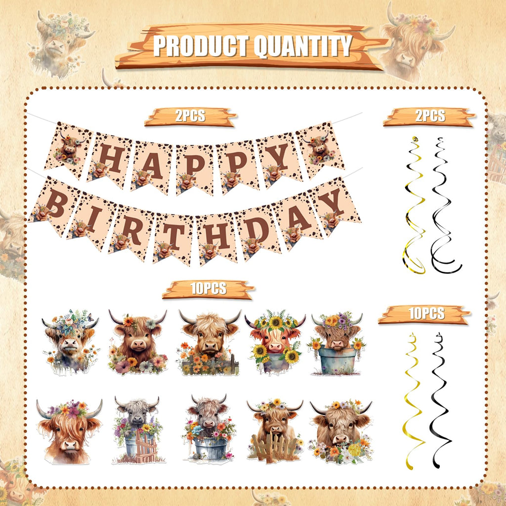Rngmsi Highland Cow Birthday Decorations – 16-Piece Party Set with Banners and Swirls