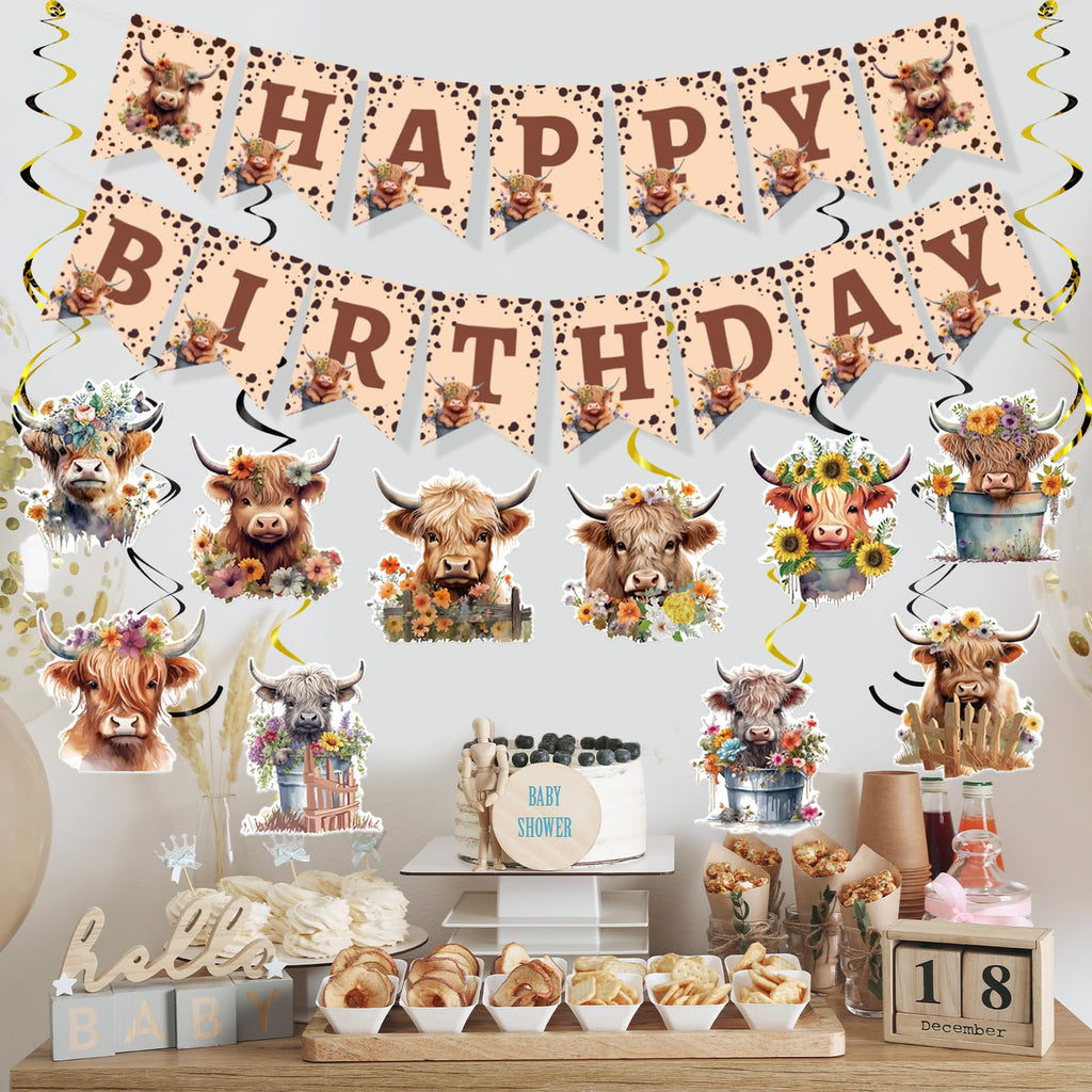 Rngmsi Highland Cow Birthday Decorations – 16-Piece Party Set with Banners and Swirls