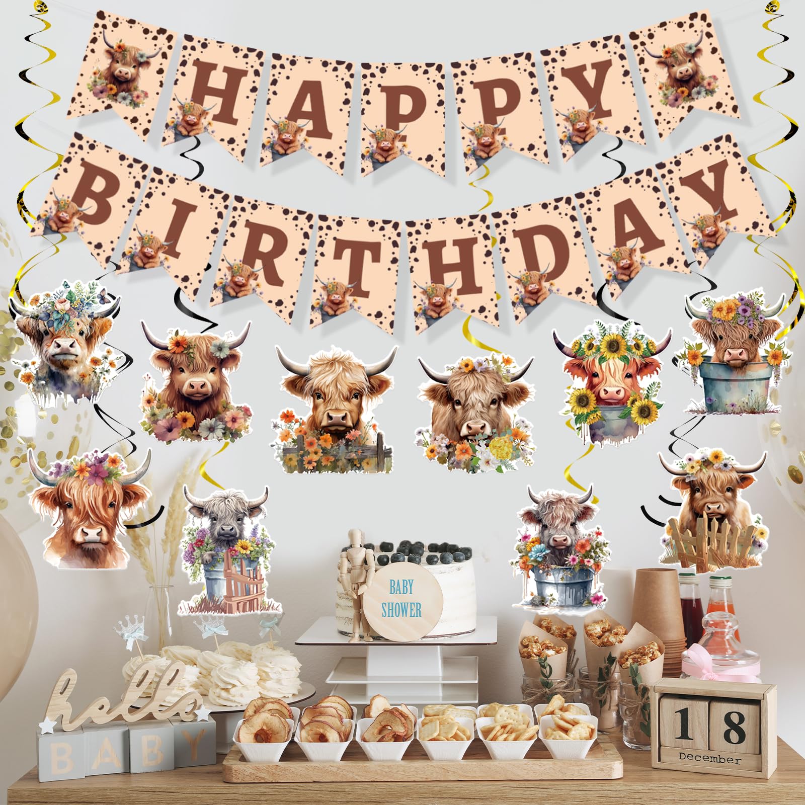 Rngmsi Highland Cow Birthday Decorations – 16-Piece Party Set with Banners and Swirls