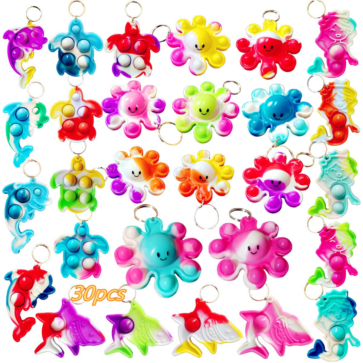 Roaqua 30-Pack Sea Animal Pop Keychains - Octopus, Sharks, Turtles, Dolphins, Mermaids - Silicone Fidget Toy Keychain for Party Favors, Classroom Prizes, Summer Gifts