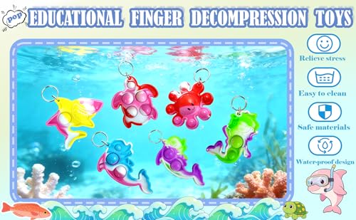 Roaqua 30-Pack Sea Animal Pop Keychains - Octopus, Sharks, Turtles, Dolphins, Mermaids - Silicone Fidget Toy Keychain for Party Favors, Classroom Prizes, Summer Gifts