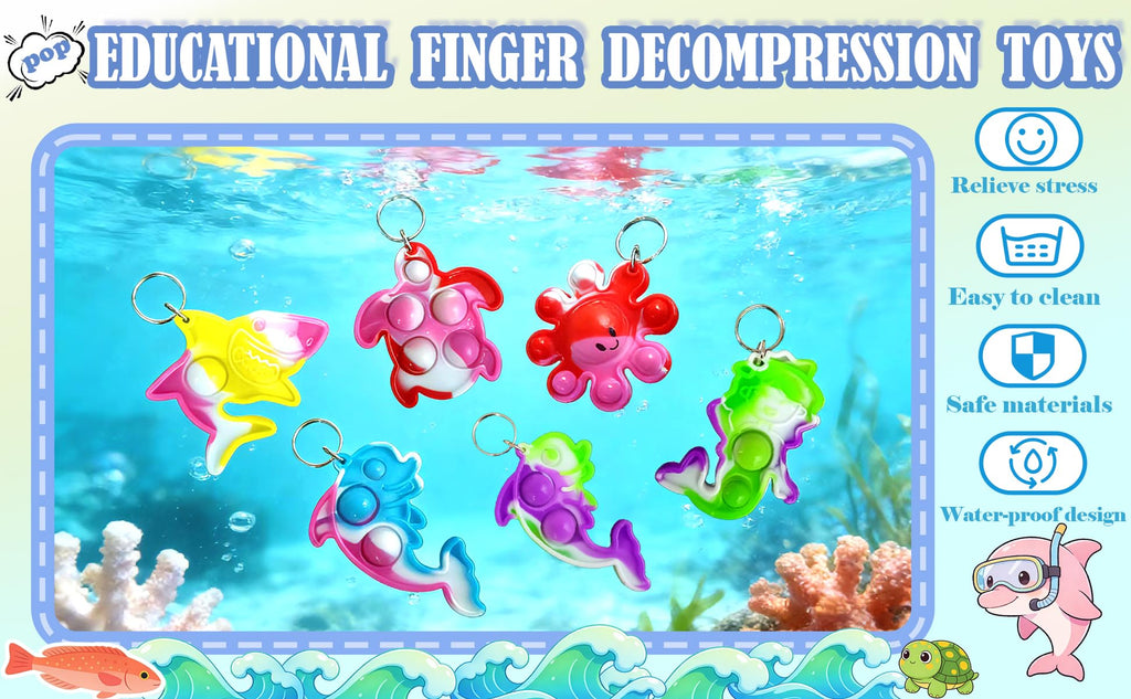 Roaqua 30-Pack Sea Animal Pop Keychains - Octopus, Sharks, Turtles, Dolphins, Mermaids - Silicone Fidget Toy Keychain for Party Favors, Classroom Prizes, Summer Gifts