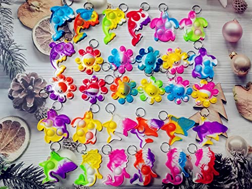 Roaqua 30-Pack Sea Animal Pop Keychains - Octopus, Sharks, Turtles, Dolphins, Mermaids - Silicone Fidget Toy Keychain for Party Favors, Classroom Prizes, Summer Gifts