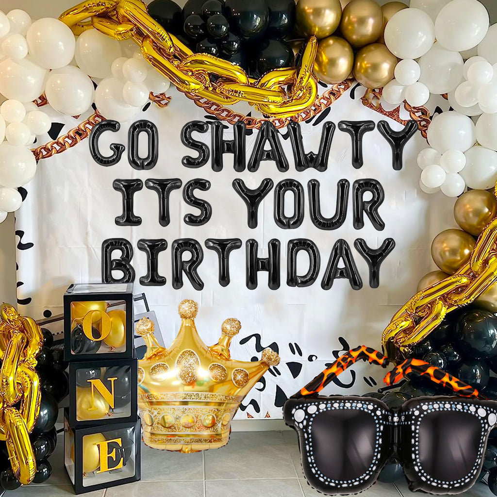 Roaring Good Time Go Shawty Its Your Birthday Decoration Set - Early 2000s Hip Hop Theme with Black Curtain and Balloons