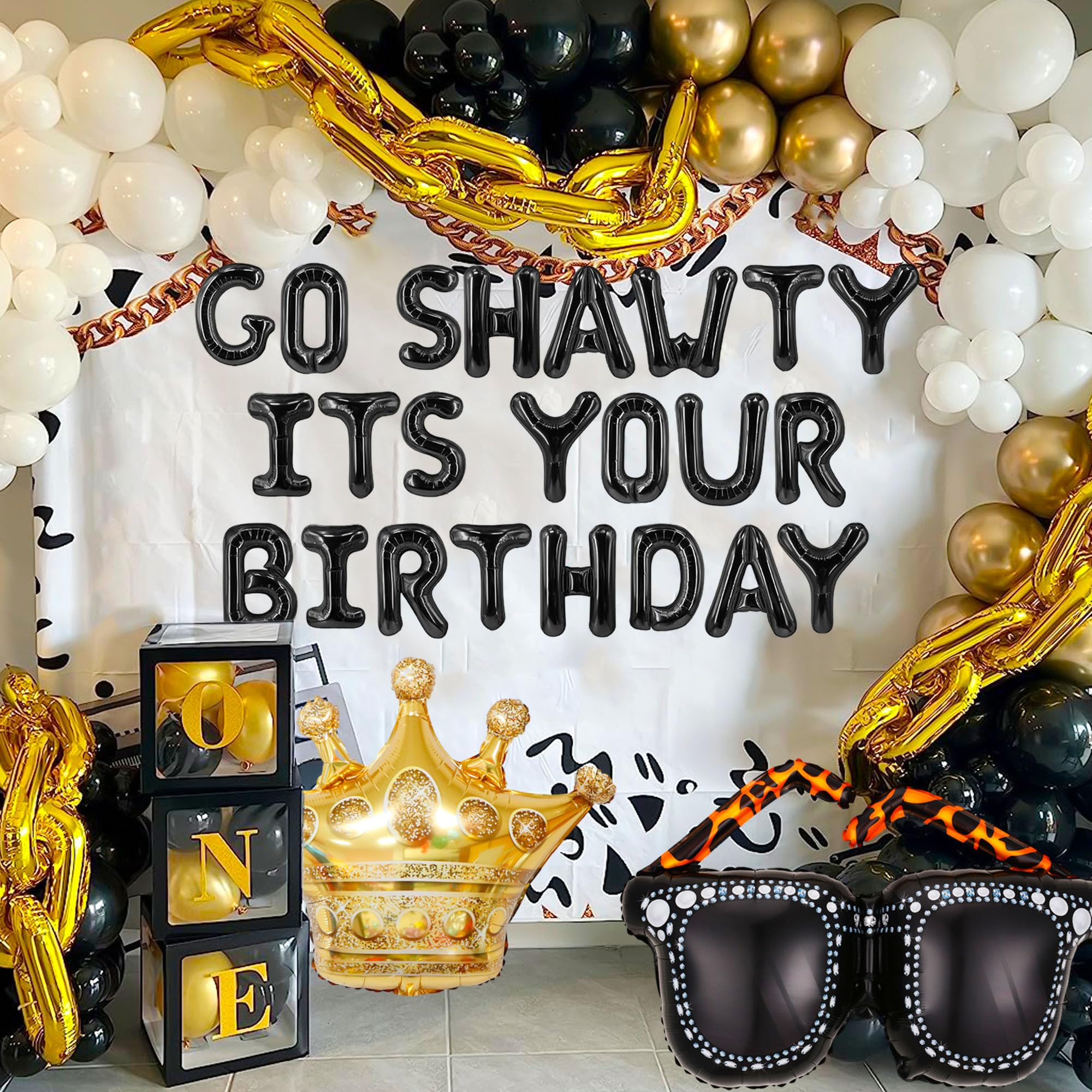 Roaring Good Time Go Shawty Its Your Birthday Decoration Set - Early 2000s Hip Hop Theme with Black Curtain and Balloons