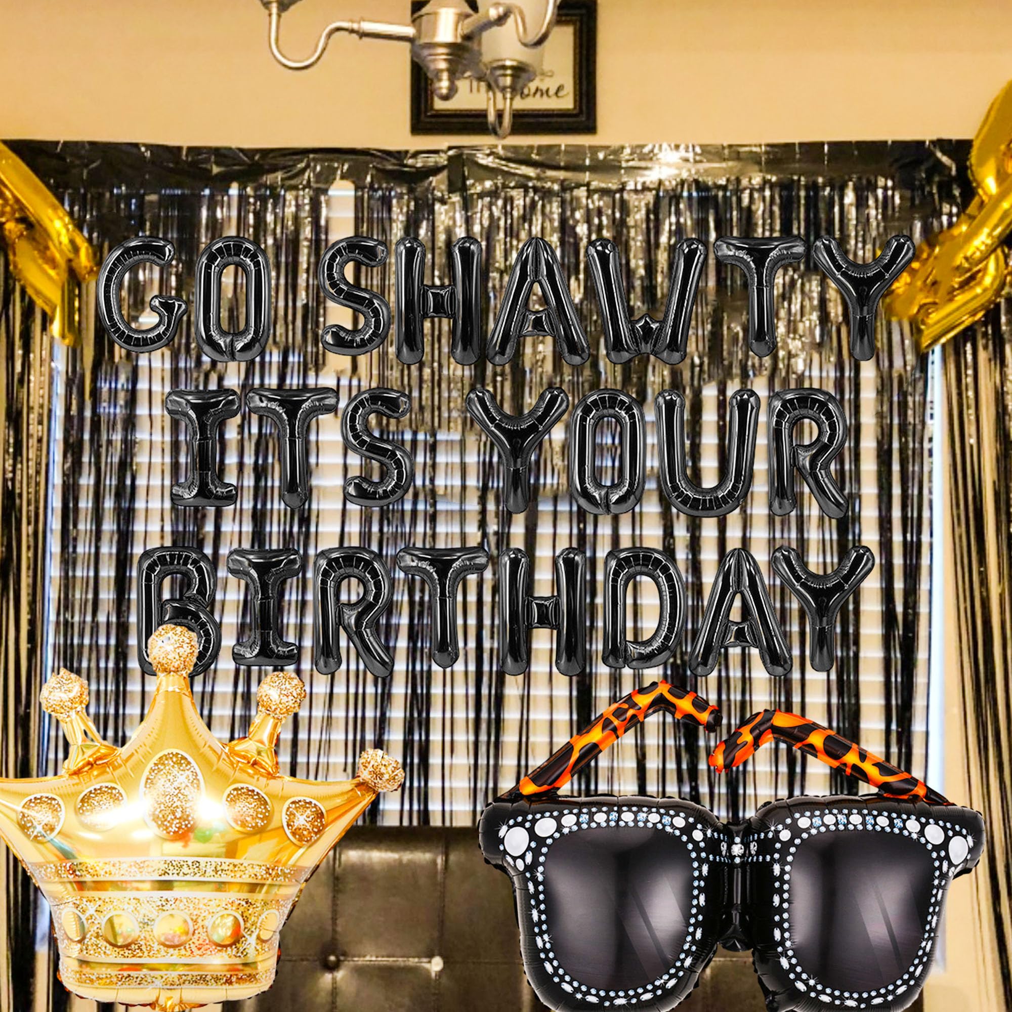 Roaring Good Time Go Shawty Its Your Birthday Decoration Set - Early 2000s Hip Hop Theme with Black Curtain and Balloons