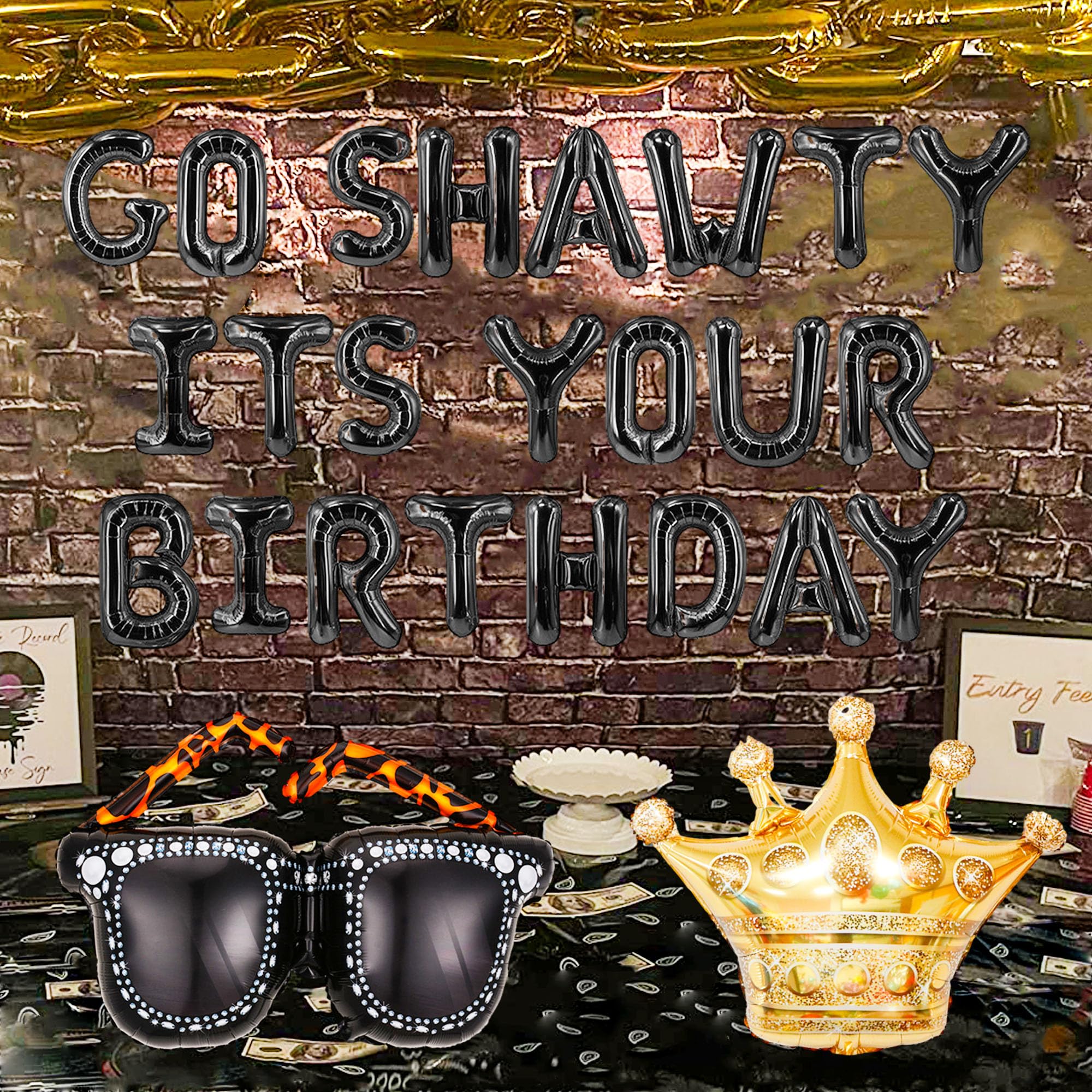 Roaring Good Time Go Shawty Its Your Birthday Decoration Set - Early 2000s Hip Hop Theme with Black Curtain and Balloons