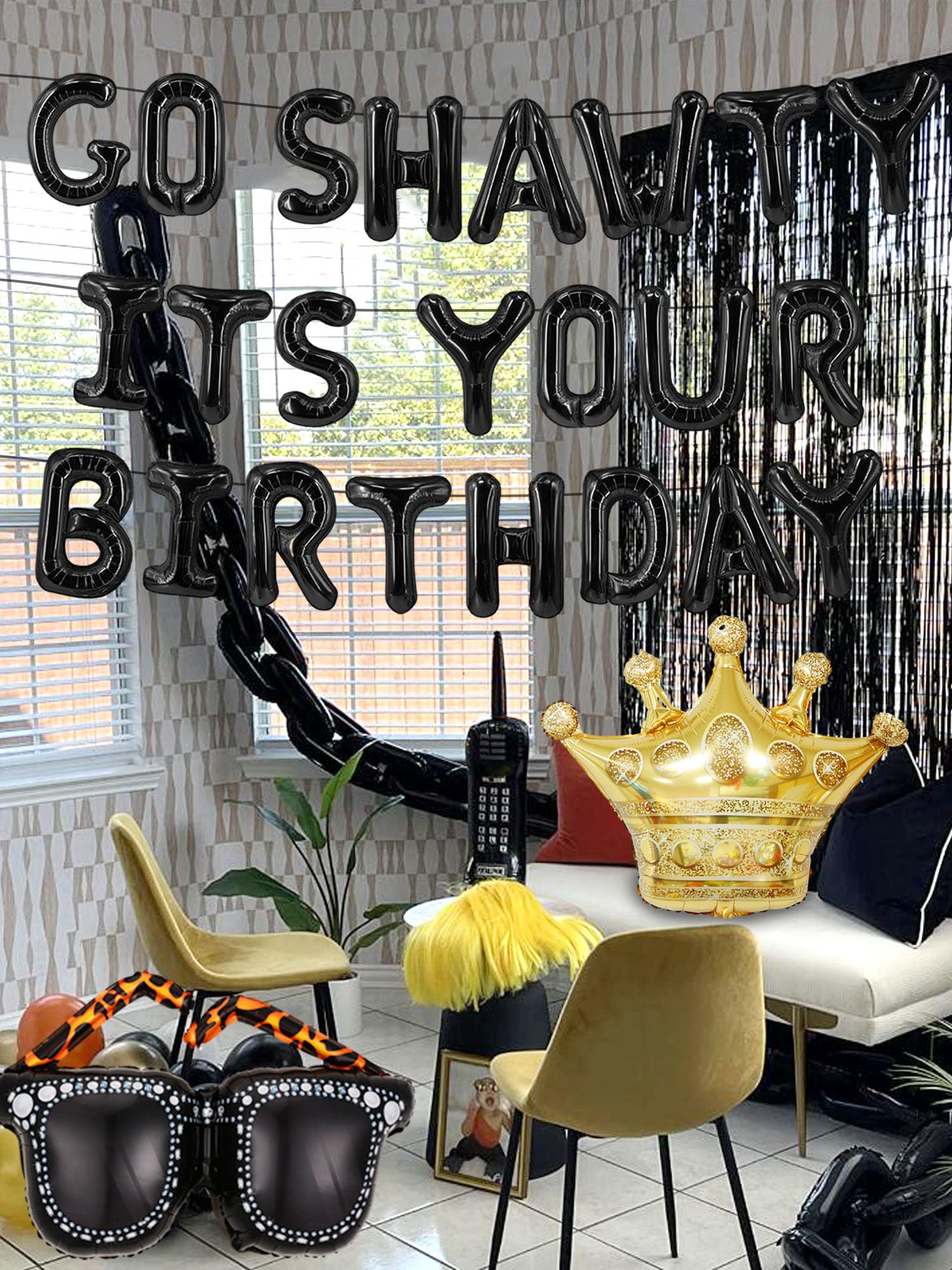 Roaring Good Time Go Shawty Its Your Birthday Decoration Set - Early 2000s Hip Hop Theme with Black Curtain and Balloons