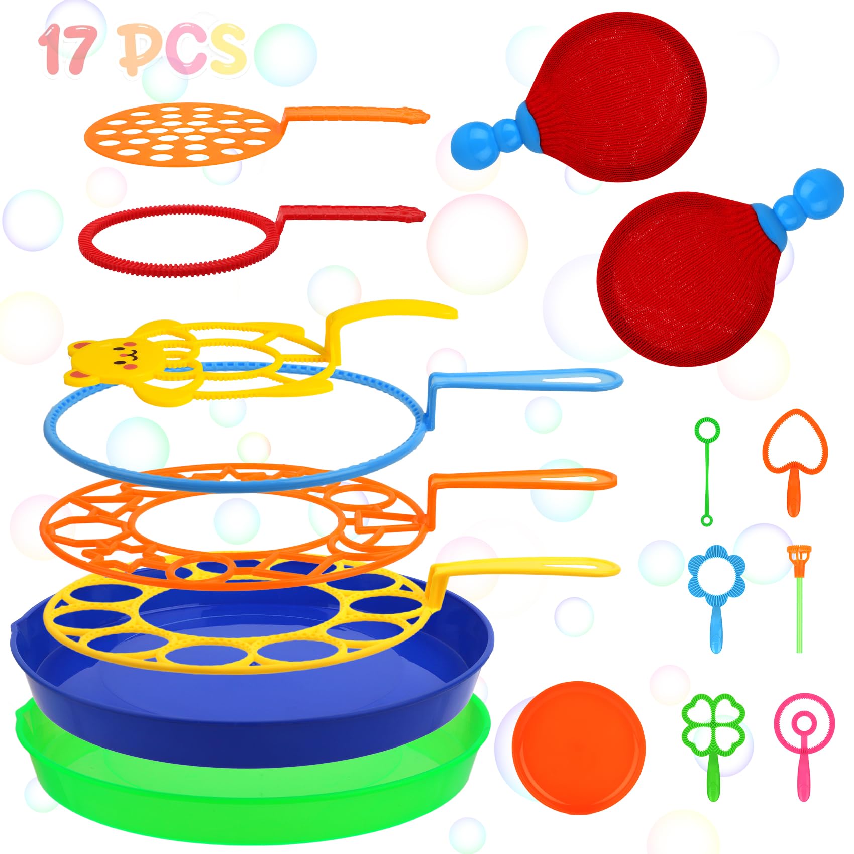 Roberly 17-Piece Big Bubble Wands Set with Soft Rackets and Trays for Outdoor Fun