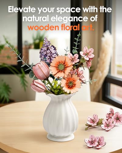 ROBOTIME 3D Puzzle Light Orange Gerbera Daisy TW111 - DIY Wooden Flower Model Kit for Adults, Home Decor, Valentine's Gift